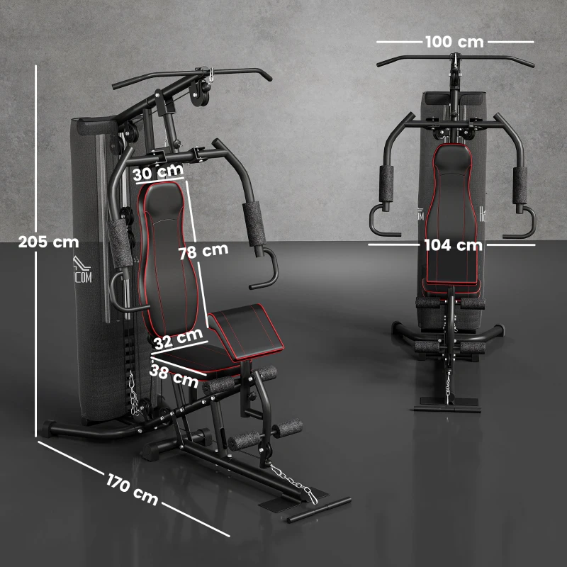 HOMCOM Fitnessapparaat voor thuis, Trainingsstation, Halterbank, Borstpers, Staal, 170x104x205 cm, Zwart
