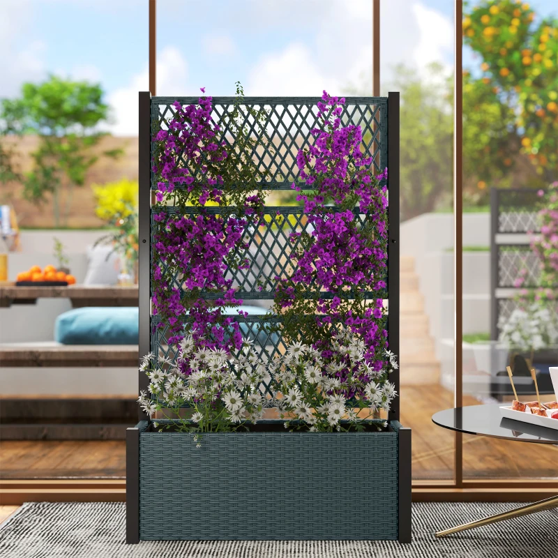 Outsunny Hoogbed met klimrek in rattan-look plantenbak bloembak met klimsteun 90 x 35 x 148 cm Donkergrijs