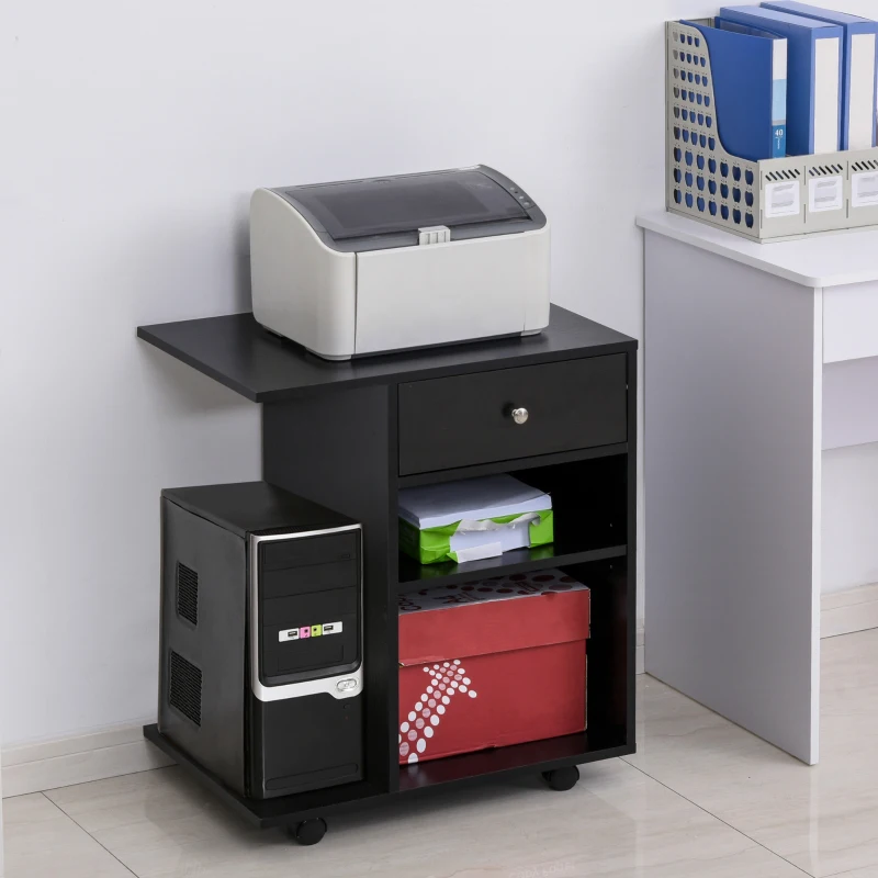 Vinsetto Support d'imprimante organiseur bureau caisson 2 niches tiroir espace CPU + grand plateau panneaux particules noir