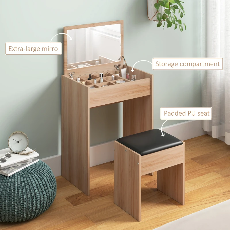HOMCOM Dressing Table with Mirror and Stool, Vanity Makeup Table with Flip Up Mirror, Vanity Desk with Storage Unit and Padded Seat, Wood