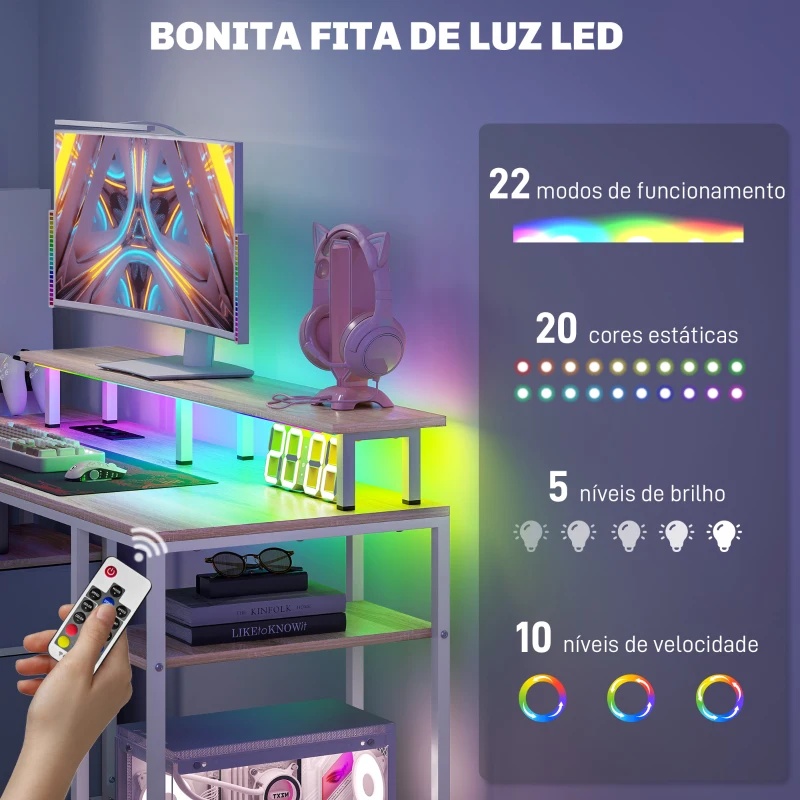 HOMCOM Mesa para Computador com Luzes LED Prateleiras Gavetas Plug Entrada USB e Suporte para Monitor 155,5x48x75,5 cm Madeira