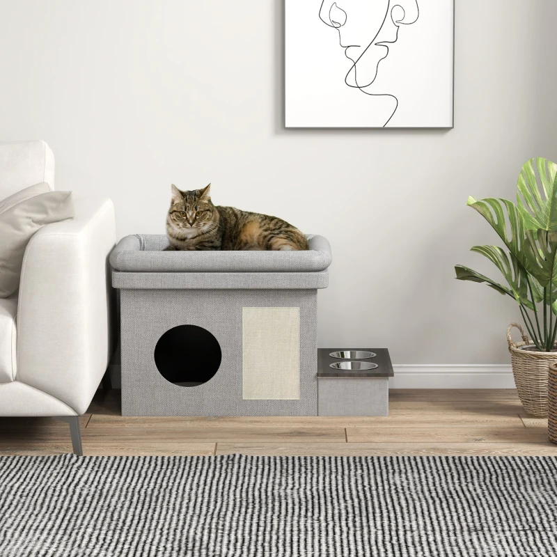 PawHut Kattenhuis, voerbak met 2 roestvrijstalen kommen, krabmat, zacht ligkussen, 78 x 48 x 49,5 cm, grijs