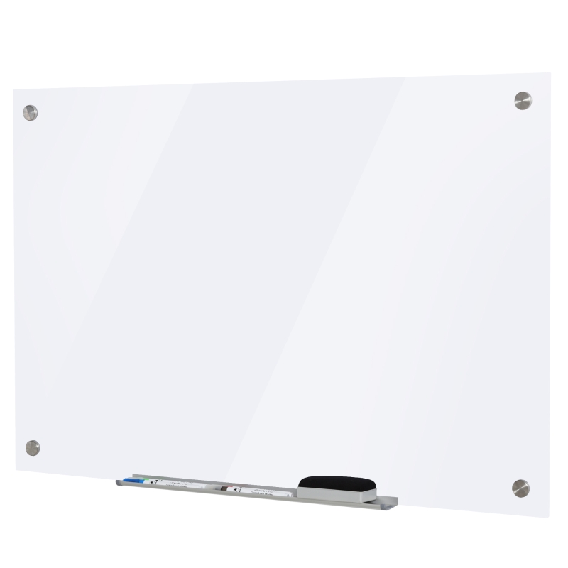 Vinsetto Pizarra de Cristal con Bandeja Pizarra de Pared sin Marco Incluye 4 Rotuladores y Borrador 90x60x0,45 cm Blanco