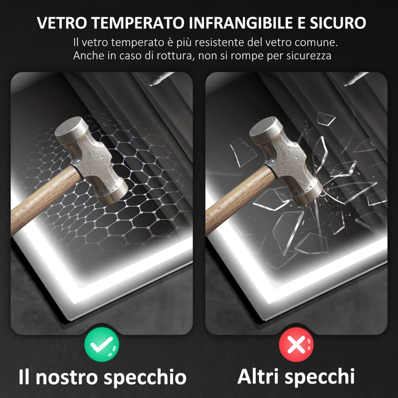 HOMCOM Specchio Bagno Antiappannante con Luce LED Regolabile, Speaker Bluetooth, Pulsanti Touch, 50x70 cm