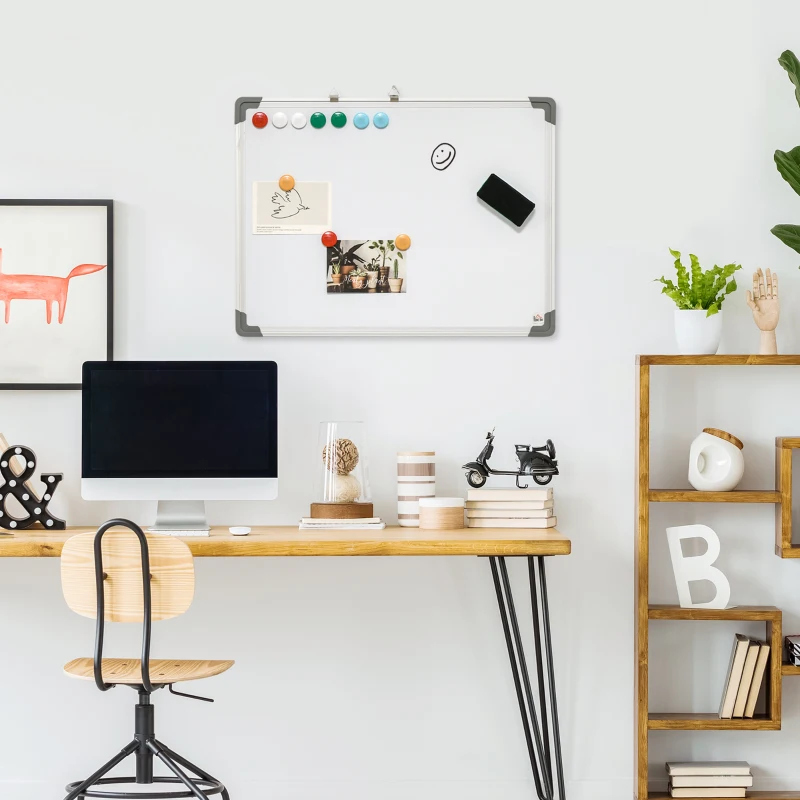 HOMCOM Magnetisch Whiteboard, Gemakkelijk te Wissen, Met 4 Markers, 10 Magneten, 1 Gum, 60 x 1,8 x 45 cm
