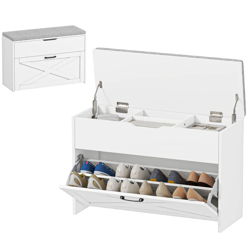 HOMCOM Panca Scarpiera con Cassetto Ribaltabile e Contenitore, Capacità 6 Paia di Scarpe, 80x30x55 cm, Bianco