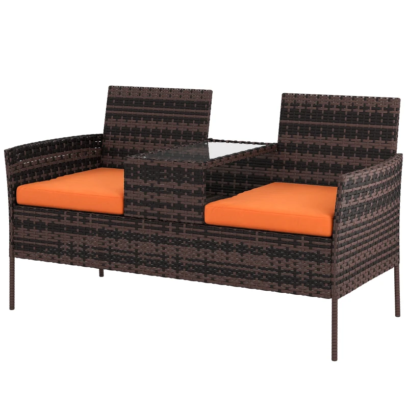 Outsunny Two-Seat Rattan Chair, with Middle Table - Orange