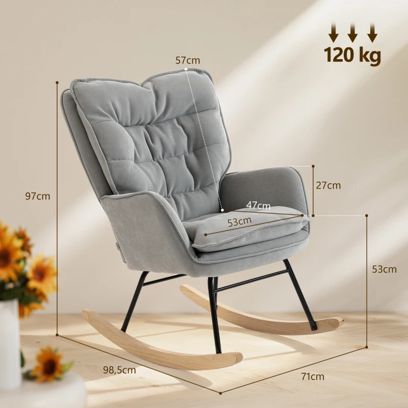 HOMCOM Poltrona Baloiço Estofada em Chenilla com Pés de Madeira de Faia e Apoio para os Braços para Lactância  71x98,5x97 cm Cinzento claro