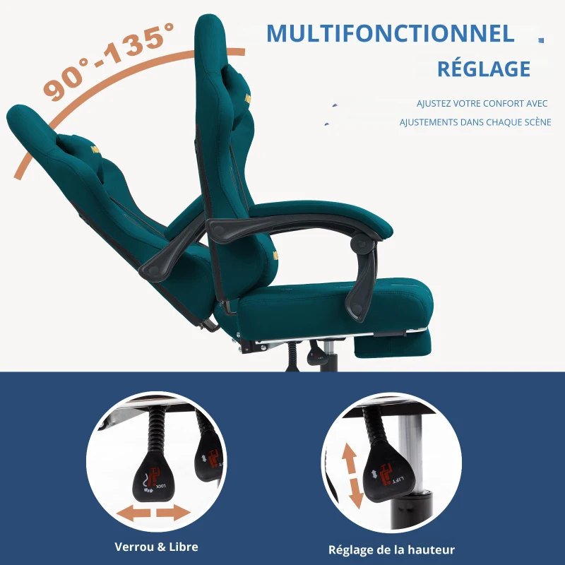 Chaise gaming avec repose-pieds, coussin doux pour la nuque et les lombaires, coussins de soutien amovibles, 60x60x122 cm, Bleu marine