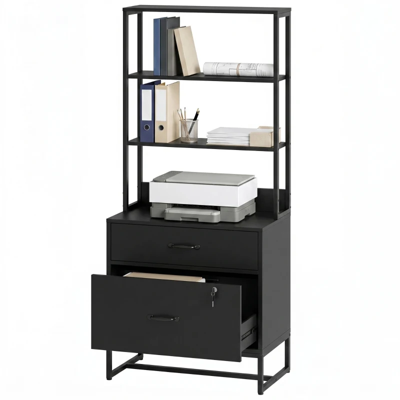 HOMCOM Archiefkast met lades – verticale opbergkast met boekenrek voor A4, Letter en Legal, zwart