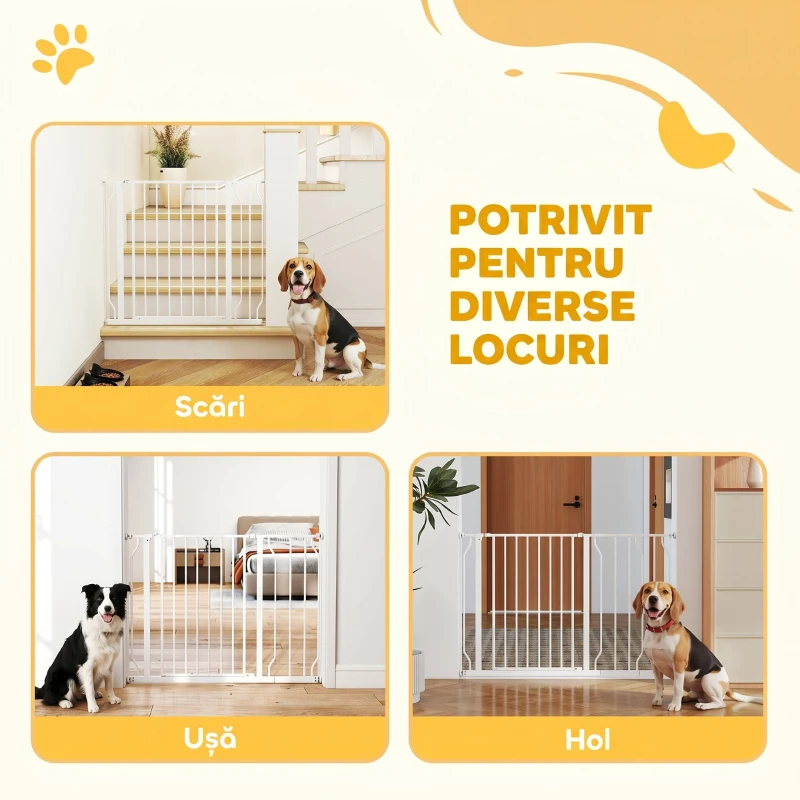 PawHut Poartă de Siguranță pentru Câini din Oțel și ABS, Extensibilă 75-115cm pentru Scări și Uși, Alb