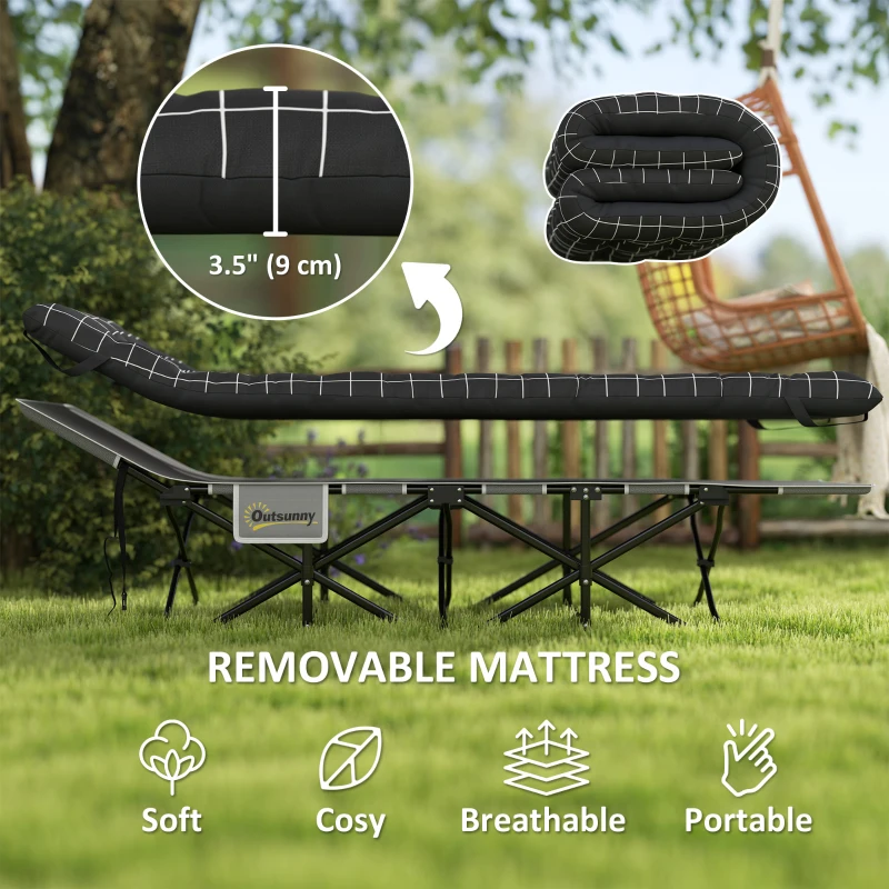 Outsunny 67cm Wide Folding Bed, Camping Cot for Adults with Mattress, Storage Pocket, Carry Bag, Max Load 150kg, Black
