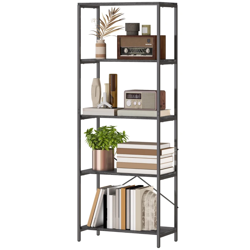 HOMCOM 5-Tier Bookshelf, Industrial Bookcase with Metal Frame - Dark Grey and Black