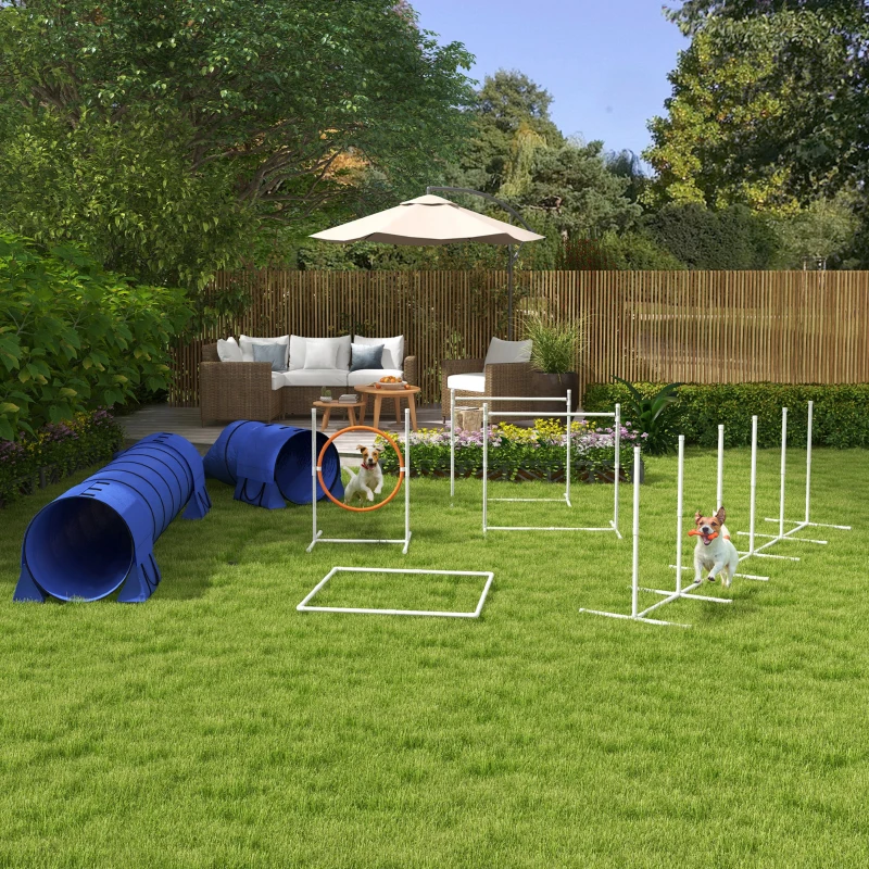 PawHut Honden-Agility-Set Hondenparcours, 1 ring, 2 tunnels, 2 hindernissen, 321 cm x 63 cm x 93 cm, Blauw + Rood + Wit(m-2)