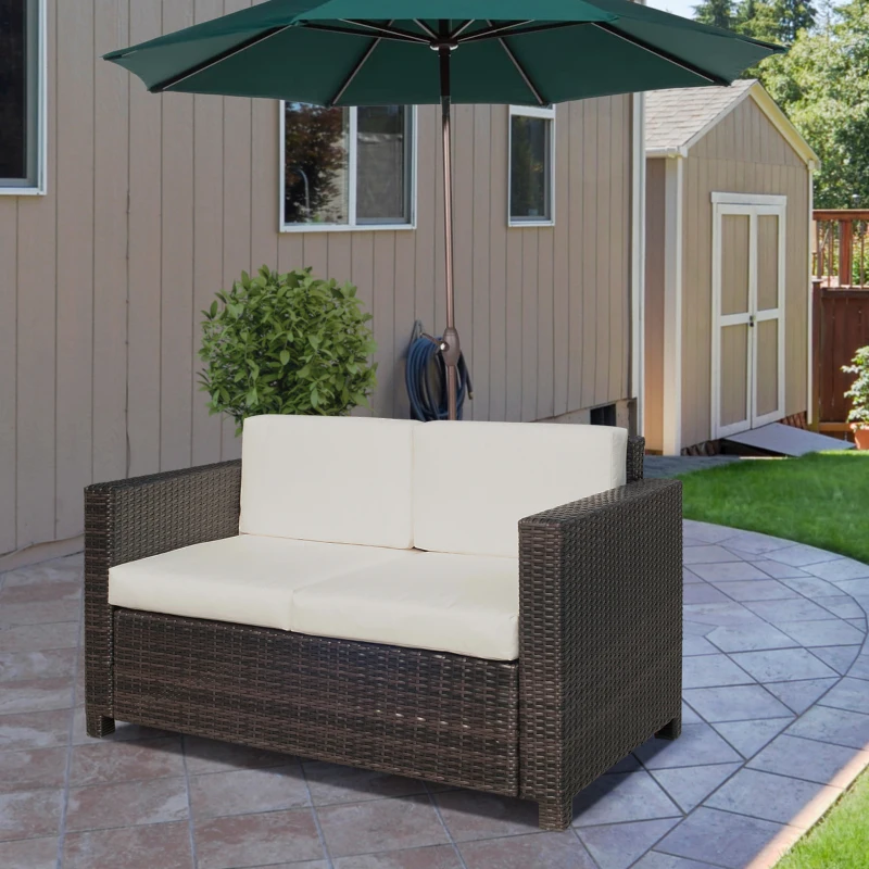 Outsunny Canapé de jardin 2 places canapé droit 4 coussins déhoussables 130L x 70l x 80H cm résine tressée chocolat