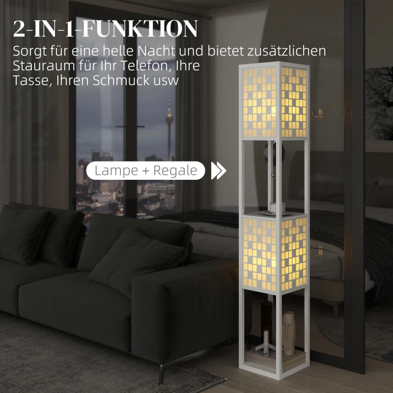 HOMCOM Staande lamp met rasterpatroon, 2-laags schappen, geschikt voor diverse lichtbronnen, wit