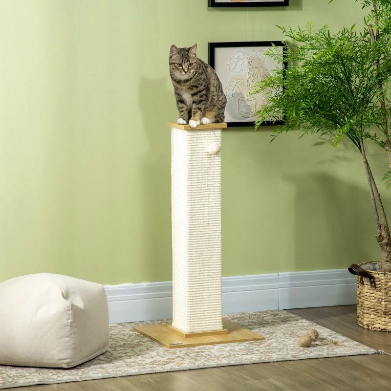 PawHut Poste Arranhador para Gatos com Poste de Sisal e Bola Suspensa para Interior 38x38x80cm Carvalho