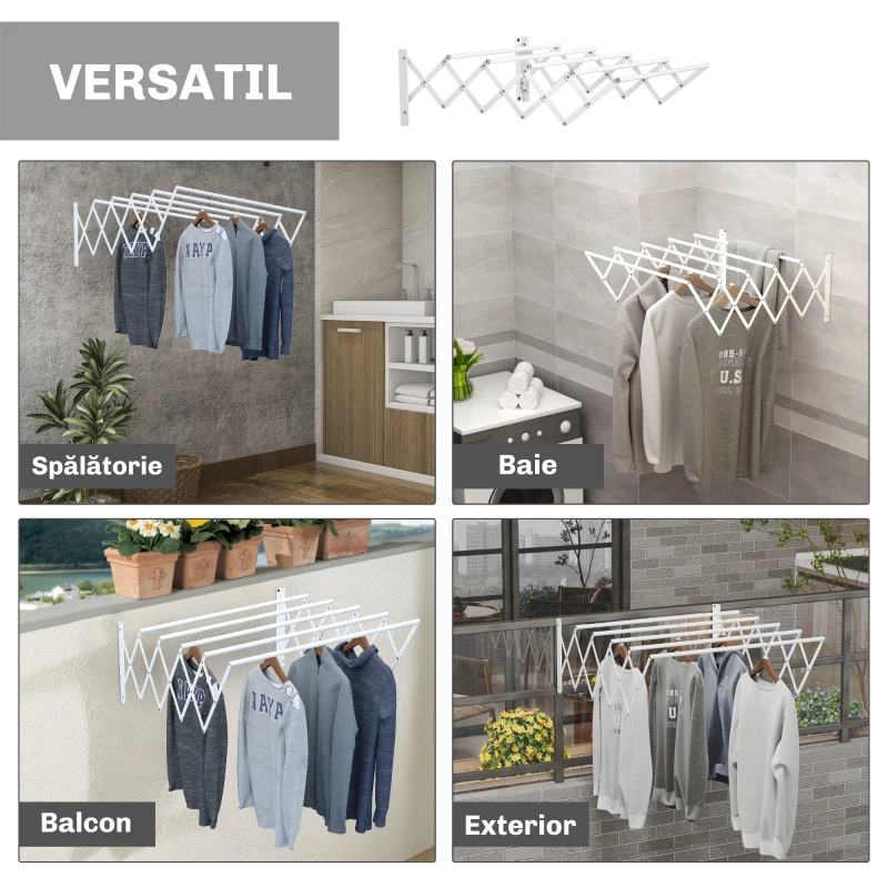 HOMCOM Uscător de rufe retractabil pentru interior și exterior, 63,5x60x20 cm, alb