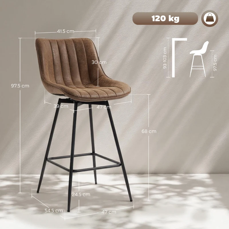 HOMCOM Set of 2 PU Leather Swivel Bar Stools - Brown