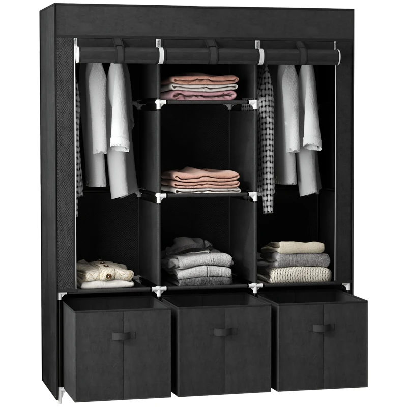 HOMCOM Stoffen Kledingkast met Vlies, Opvouwbare Kast, inclusief 3 Laden, 125 cm x 43 cm x 162,5 cm, Zwart(m-11)