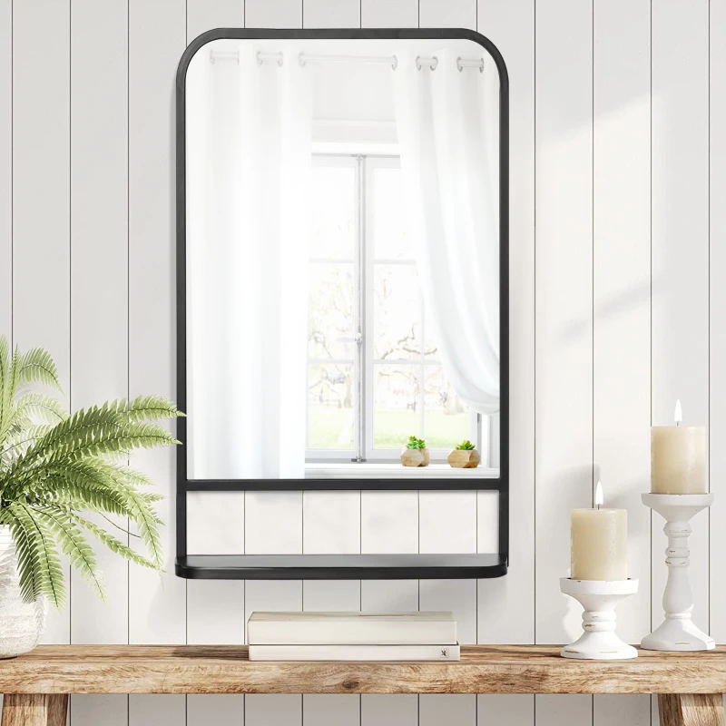 HOMCOM Modern Rectangular Wall Mirror with Storage Shelf, 86 x 53 Mirrors for Living Room, Bedroom, Black