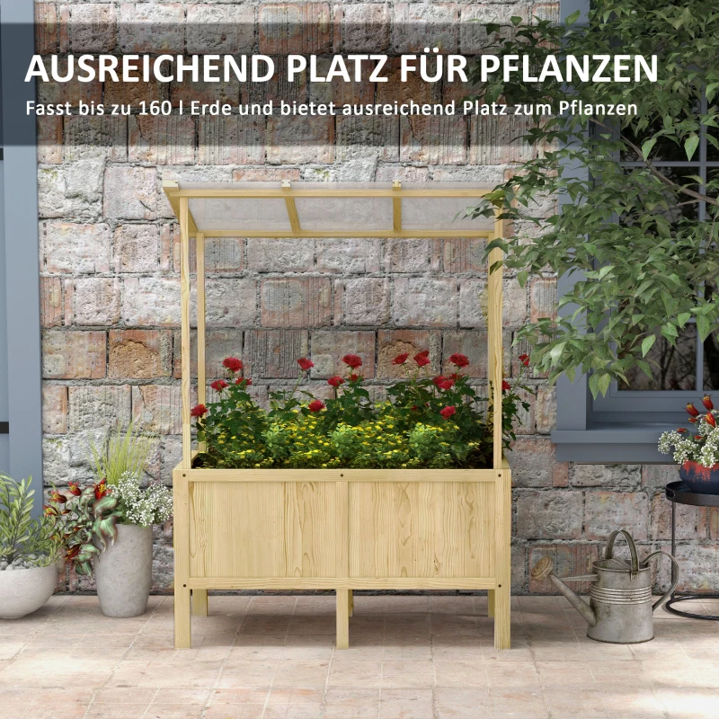 Outsunny Houten verhoogde plantenbak met dak, afwateringsgaten, voering van vliesdoek, weerbestendig, sparrenhout, 110x60x152 cm