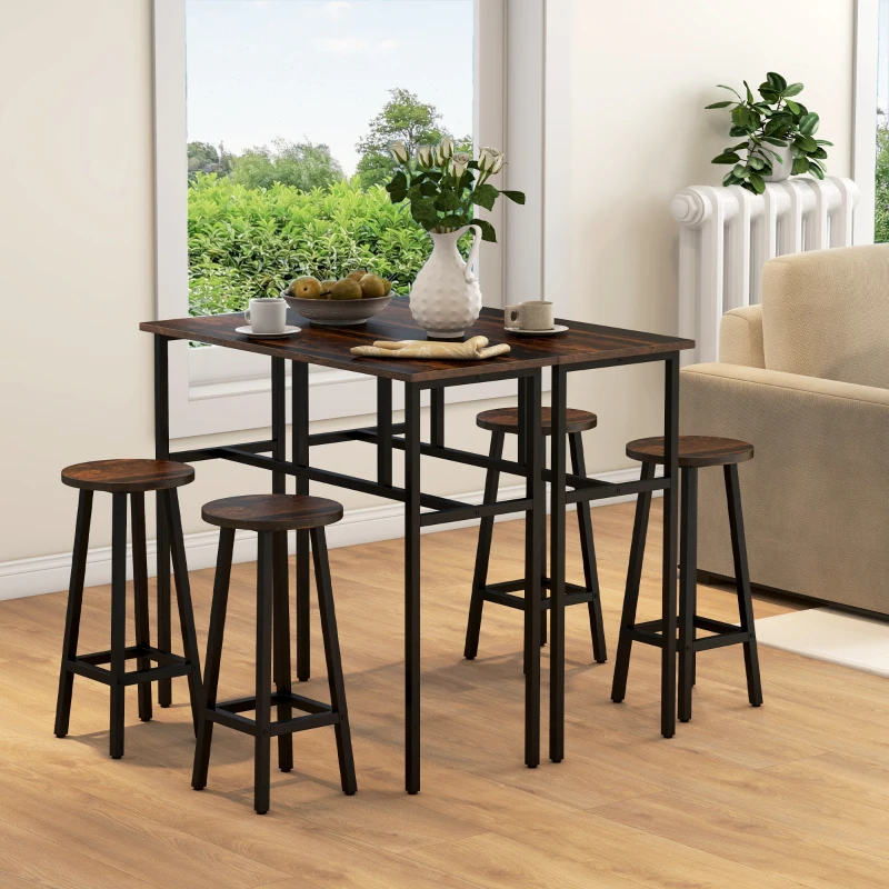 HOMCOM 6-Piece Industrial Bar Table Set, 2 Breakfast Tables with 4 Stools Brown