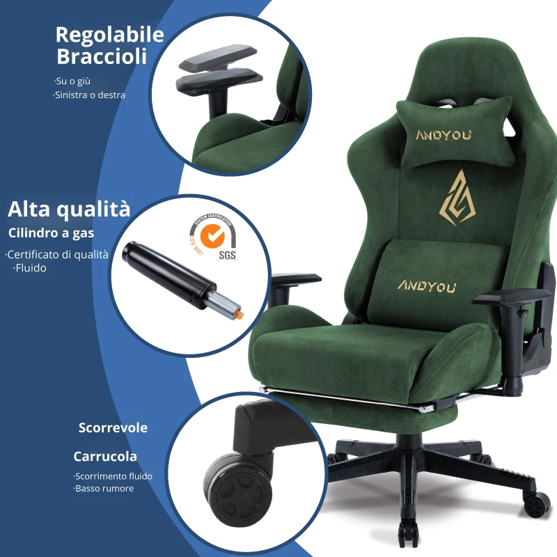 Sedia gaming con poggiapiedi, similpelle scamosciata traspirante, regolabile in altezza con pistone a gas, girevole, 70x70x135 cm, Verde