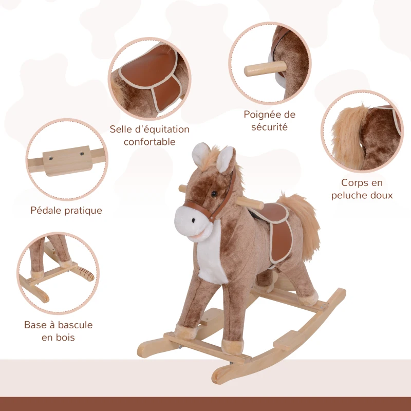 HOMCOM Cheval à Bascule Cheval de Cowboy Selle Grand Confort pour Enfants de 36+Mois Peluche Courte Douce Bois peuplier Charge 40 Kg Marron
