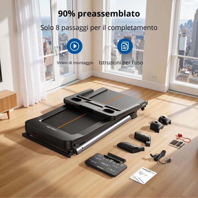 Tapis roulant pieghevole, sistema di chiusura pneumatico azionabile con una sola mano, 4 cuscini elastici, 145x89x130 cm, Nero