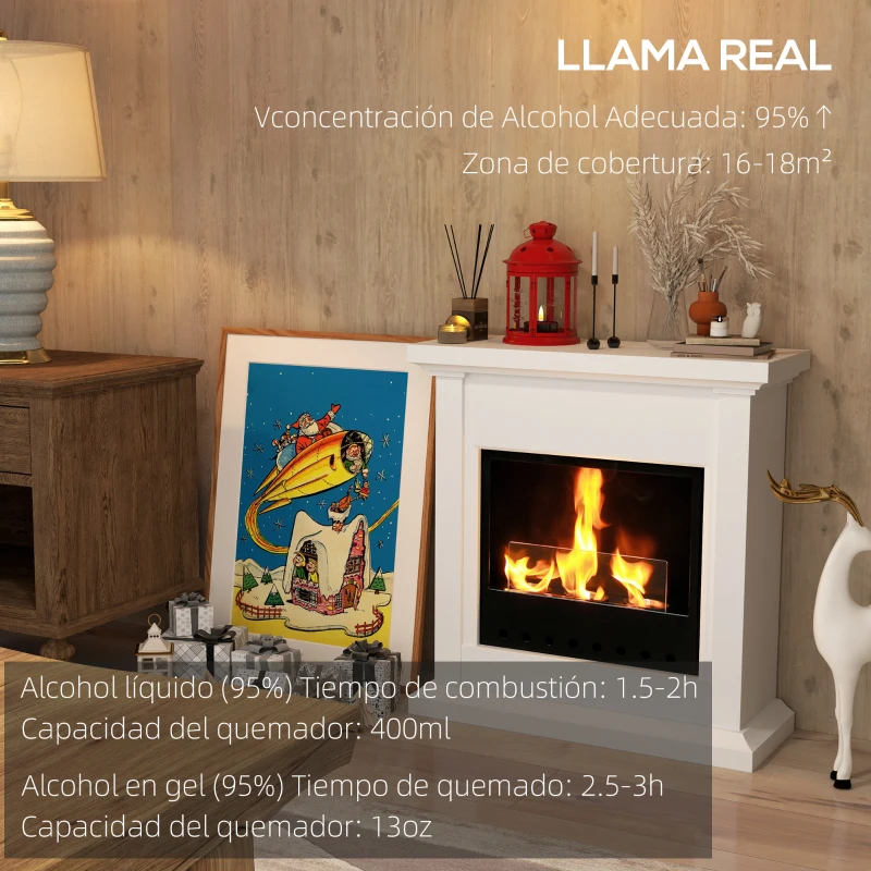 HOMCOM Estufa de Bioetanol de Pie con Tanque de 1,2 L Tiempo de Combustión 3H para Interiores 16-18 m² 63,5x24x66 cm Blanco