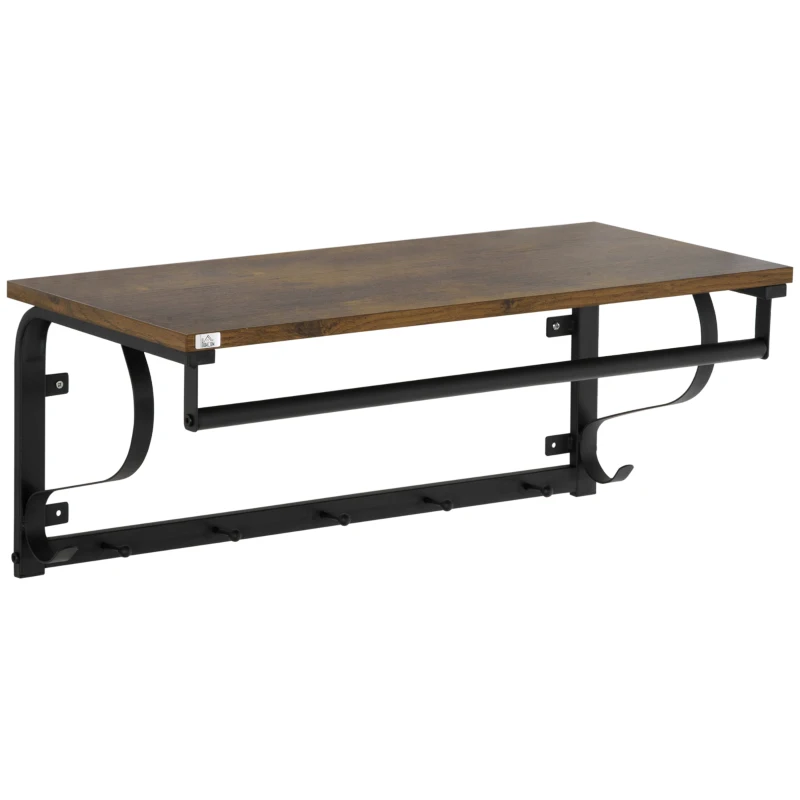 HOMCOM Estantería de Pared Balda Flotante con 5 Ganchos y 1 Barra para Colgar 66x30x27 cm Natural y Negro