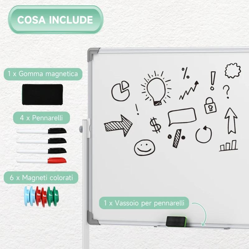 HOMCOM Lavagna Magnetica Bianca a 2 Facce con Accessori e 4 Ruote, in Alluminio e Acciaio, 127x50x165 cm
