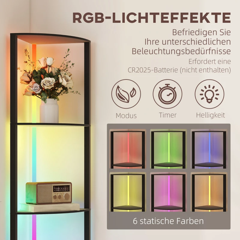 HOMCOM LED Vloerlamp 5-niveaus dimbare vloerlamp met rek, RGB kleurenwisseling, afstandsbediening