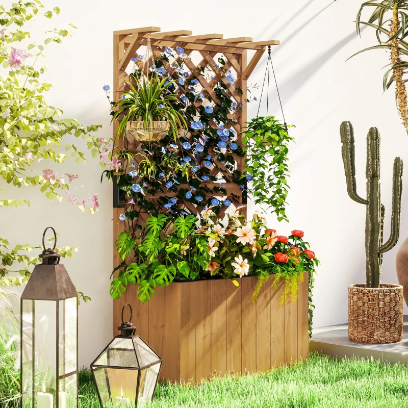 Outsunny Verhoogd Bloembed Plantenbak met Klimrek, Spalier Plantenbak Bloembak Hout, Tuinspalier 64 x 33 x 122cm Natuurlijk Hout