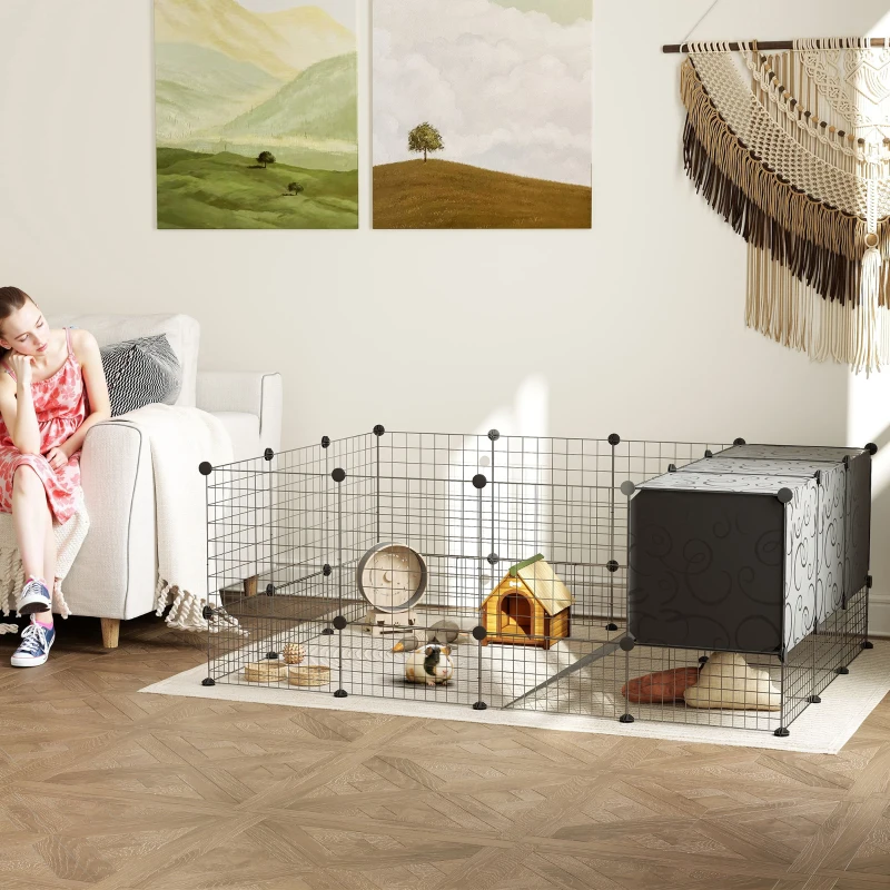 PawHut Recinto para Pequenos Animais Modular Parque para Coelhos com 39 Painéis 3 Abrigos para Cobaias e Coelhos-da-Índia Preto