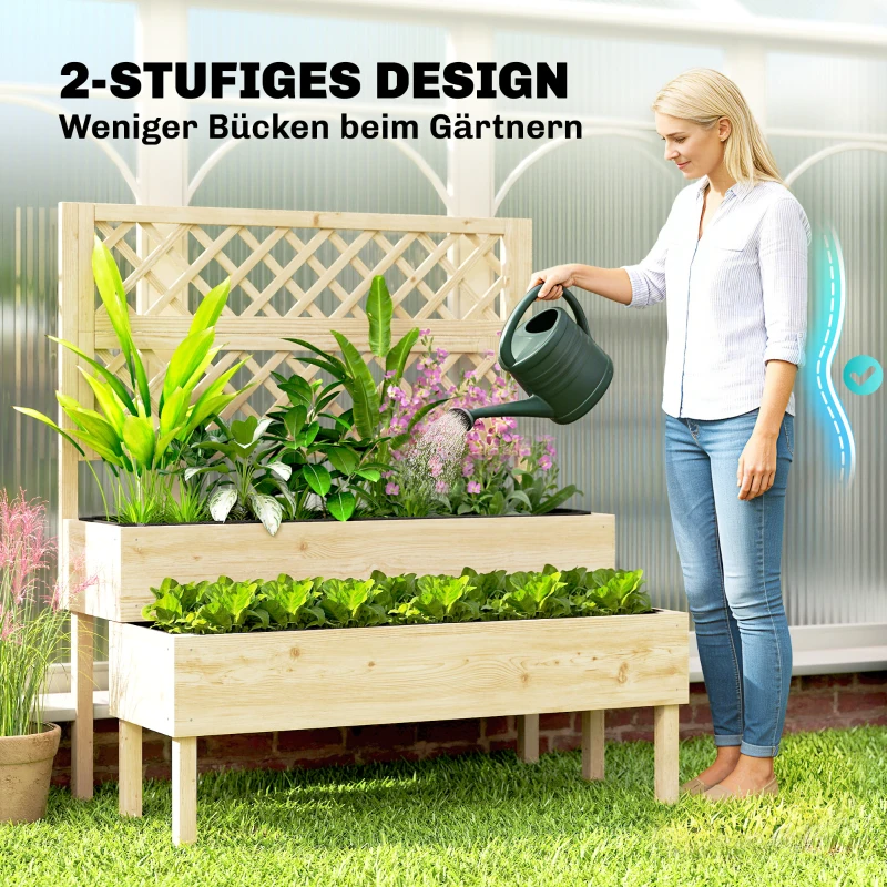Outsunny Verhoogde plantenbak met trellis, 2-traps bloembak met 2 plantenbakken, hout 108 x 62 x 120 cm