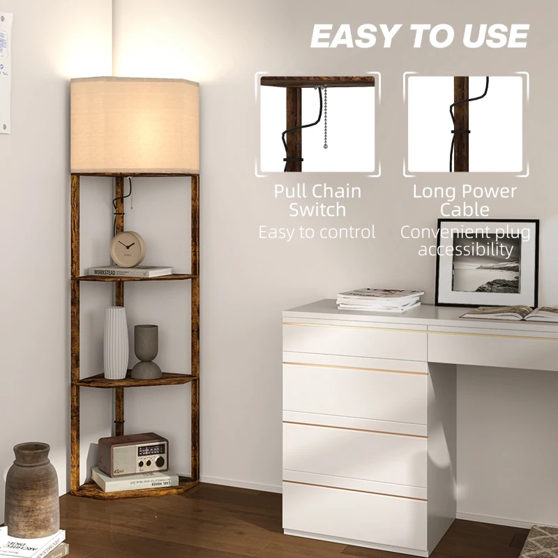 HOMCOM Corner Floor Lamp with Shelves, Tall Standing Lamps for Living Room, with Pull Chain Switch Bulb not Included, Rustic Brown