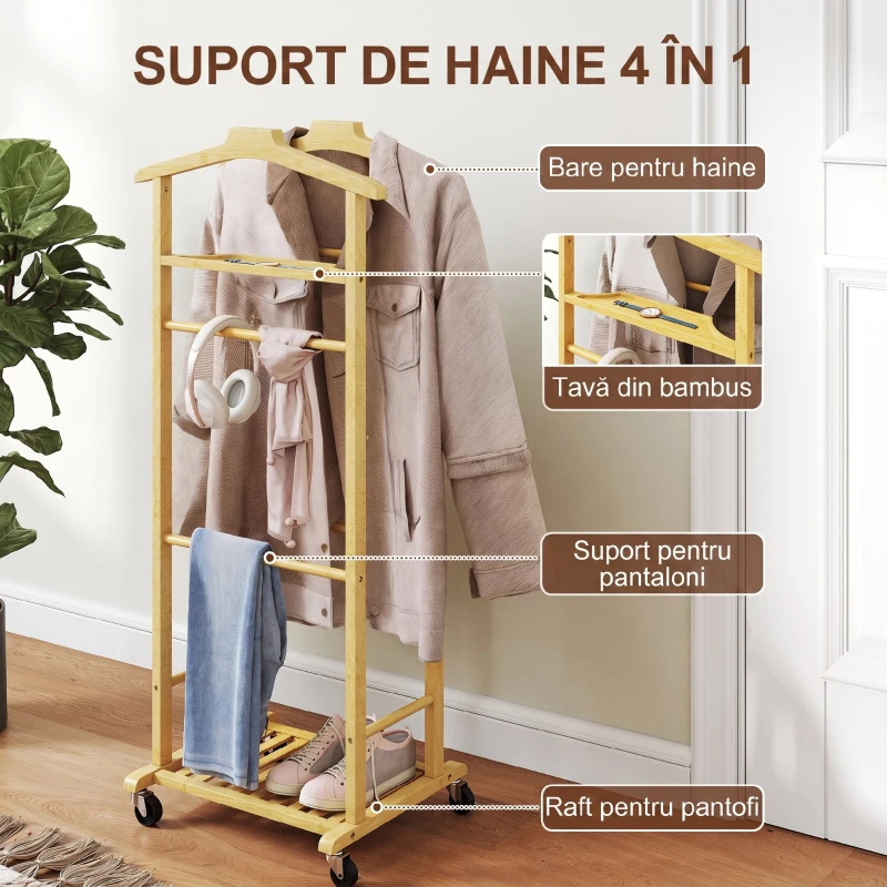 HOMCOM Servomut 4 în 1 pe roți, cu 2 bare, tavă pentru chei și raft pentru pantofi, din bambus, 47x33,7x105,5 cm