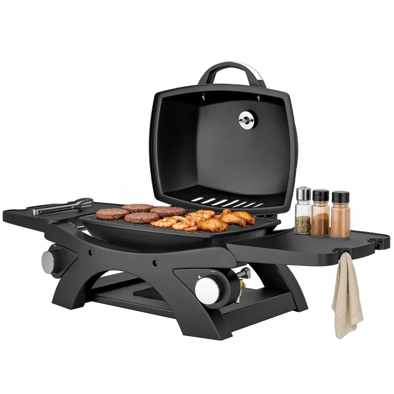 Outsunny 2 Burner Gas Grill with 2 Detachable Side Tables, 3.8 KW Steel Barbecue Grill with Cast Iron Grates, Lid, Thermometer