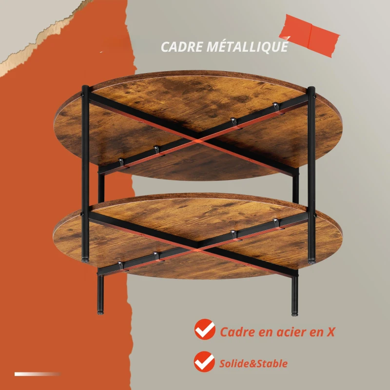Table basse ronde à deux niveaux, ample espace de rangement, pieds réglables, 83x83x44,5 cm, marron