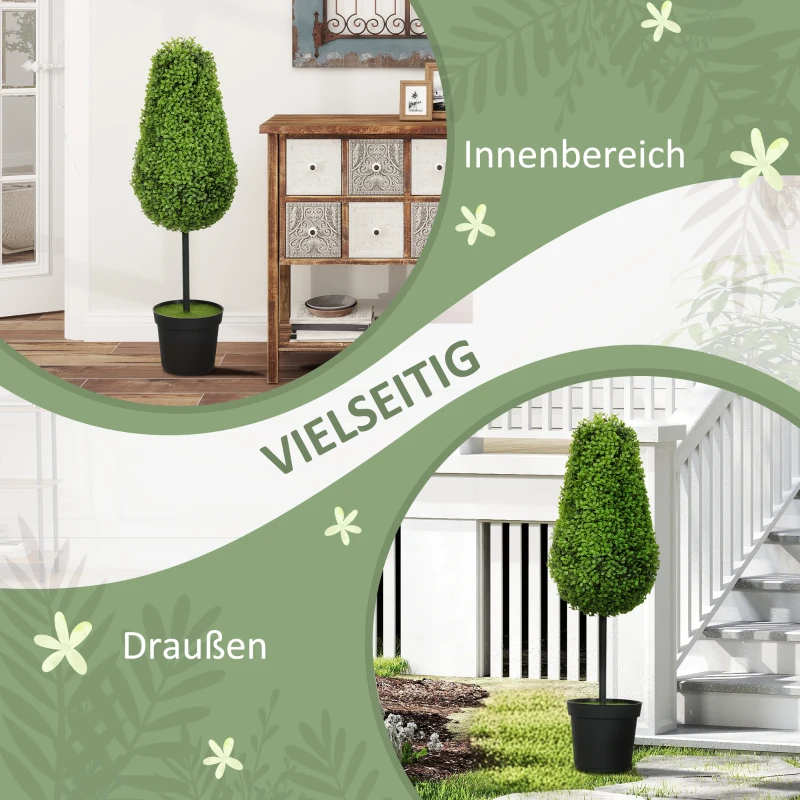 HOMCOM Set van 2 Kunstmatige Buxus 90cm Kunstplant in Traanvorm, Plastic Kunstplanten in Pot Moderne Decoratie