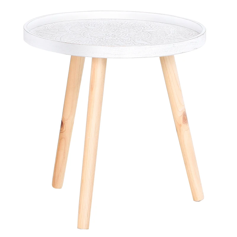 HOMCOM Coffee Table, Carved Floral Round Table with Tray-style Top and Wood Legs, Modern Side Table for Living Room, White
