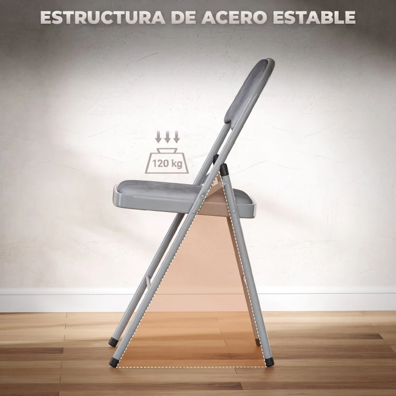 HOMCOM Juego de 4 Sillas Plegables Tapizadas en Terciopelo Estructura de Acero con Respaldo para Espacios Pequeños Gris Claro