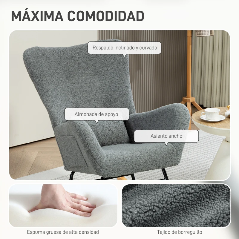HOMCOM Mecedora de Borreguito con Respaldo Acolchado Almohada y Base de Madera de Caucho Carga 120 kg Gris