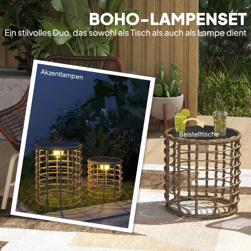 Outsunny Solar vloerlamp set van 2 Rattan solarlampen met lichtsensor LED Boho-stijl IP44