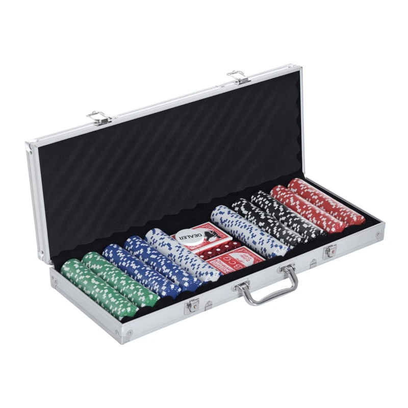 HOMCOM Pokerkoffer pokerset 500 pokerchips 5 kleuren 2x kaartspel 5x dobbelstenen 1x aluminium koffer