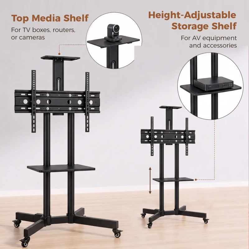 HOMCOM Mobile TV Stand on Wheels for 32-75 Inch Screens, Mobile TV Cart with Tilt, Height Adjustable, Black
