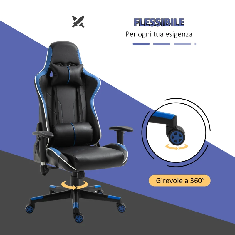 Vinsetto Poltrona da Gaming con Altezza Schienale Regolabile, Sedia Ufficio con Poggiatesta e Cuscino Lombare Nera e Blu