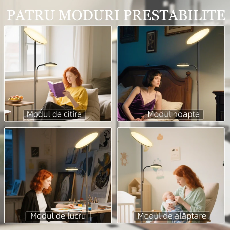 HOMCOM Lampă de Podea cu 2 Puncte de Lumină Reglabilă pe 4 Nivele, Temperatură 2700K-6500K și Telecomandă, Negru